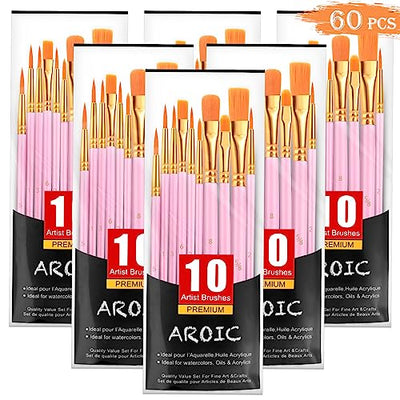 AROIC Acrylic Paint Brushes, 6 Packs/60 pcs Nylon Hair Paint Brush Set for All Purpose Oil Watercolor Painting Artist Professional Kits (Pink)