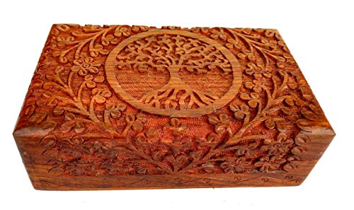 Ajuny Handcarved Wooden Decorative Treasure Chest Box Tree Pattern - Multipurpose Use As Jewelry Storage, Watch Box, Great for Gifts - Brown, 8X5