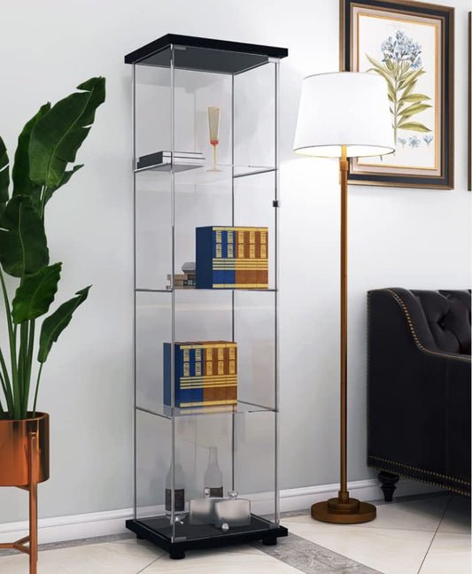 JT Glass Display Cabinet with 4 Shelves - Durable Tempered Glass Curio Bookshelf for Stylish Home or Office Display - WoodArtSupply