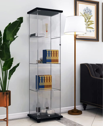 JT Glass Display Cabinet with 4 Shelves - Durable Tempered Glass Curio Bookshelf for Stylish Home or Office Display