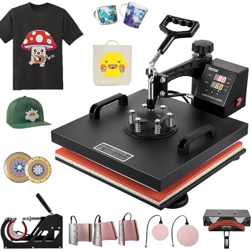 VEVOR Heat Press 15x15 Inch, 8 in 1 Heat Press Machine, 360° Swing Away Tshirt Press Machine Digital Control, Multifunctional Clamshell Heat Transfer