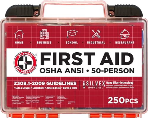 Be Smart Get Prepared First Aid Kit, 250 Piece. Exceeds OSHA ANSI Standards for Office, Home, Car, School, Emergency, Survival, Camping, Hunting, & Be Smart Get Prepared