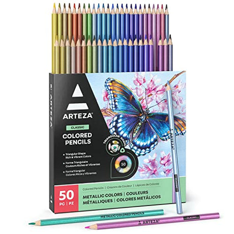 ARTEZA Metallic Colored Pencils for Adult Coloring, Set of 50 Drawing Pencils, Triangular Grip, Pre-Sharpened Pencil Set, Professional Art Supplies ARTEZA