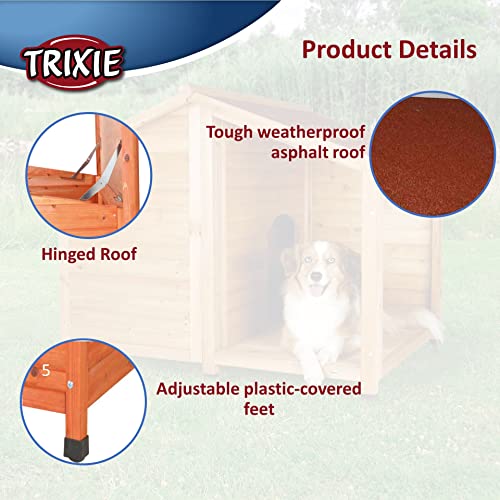 TRIXIE natura Lodge Dog House, Covered Porch, Hinged Roof, Adjustable Legs, Brown, Small - WoodArtSupply