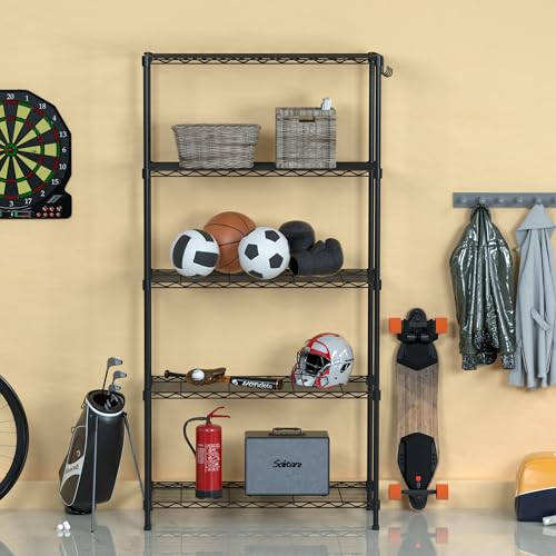 WORKPRO Storage Shelves, 5 Tier Metal Shelving Unit, Garage Wire Rack, Standing Adjustable Shelves with Hooks for Pantry Closet Kitchen Basement, 30" WORKPRO