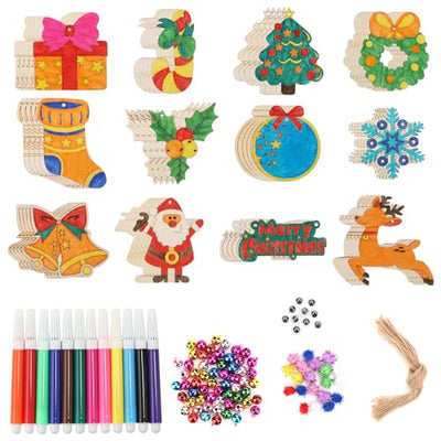 60pcs DIY Wooden Christmas Ornaments, Unfinished Wood Xmas Decorations Paintable Christmas Tree Ornaments for Christmas DIY Crafts