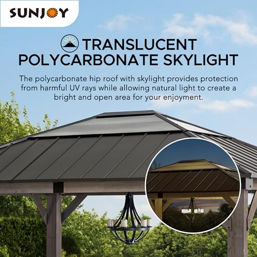 Sunjoy Hardtop Gazebo 13 x 15 ft. Upgrade Cedar Framed Wood Gazebo, Outdoor Patio Gazebo with Black Steel and Polycarbonate Hip Roof and Ceiling - WoodArtSupply