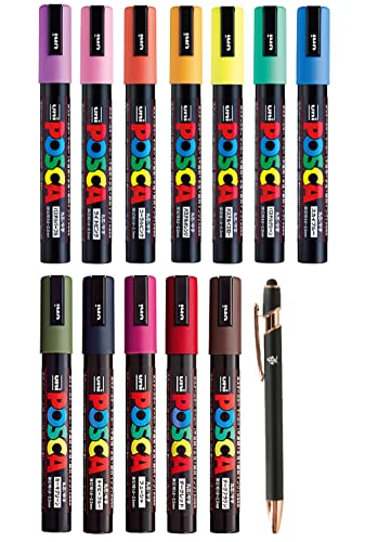 Uni Paint Marker Mitsubishi Poster Color 12 Marking Pen Medium Point PC-5M 7 Natural & 5 Dark Colors Set With Original Stylus Ballpoint Touch Pen Uni Japan