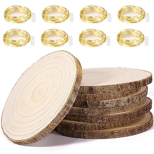 Pllieay 8 Piece 8-9 Inch Wood Slices Large Unfinished Wood Slices for Centerpieces, with 8 String Lights for Weddings, Table Centerpieces Decoration