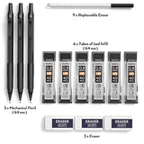 Nicpro Metal 0.9 mm Mechanical Pencils Set with Case, 3PCS Black 0.9mm Drafting Pencil, 6 Tubes HB Lead Refills, 3PCS Erasers, Erasers Refills for Nicpro