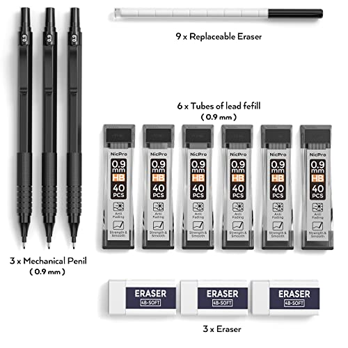 Nicpro Metal 0.9 mm Mechanical Pencils Set with Case, 3PCS Black 0.9mm Drafting Pencil, 6 Tubes HB Lead Refills, 3PCS Erasers, Erasers Refills for - WoodArtSupply