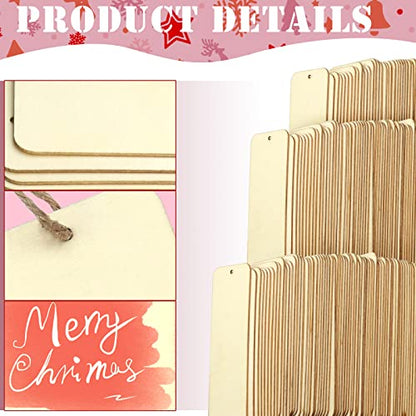 100 PCS 6 x 2 Inch Blank Wooden Gift Tags Labels Large Size Wood Blank Bookmarks with Holes and Ropes, Unfinished Wood Hanging Tags Rectangle Blank