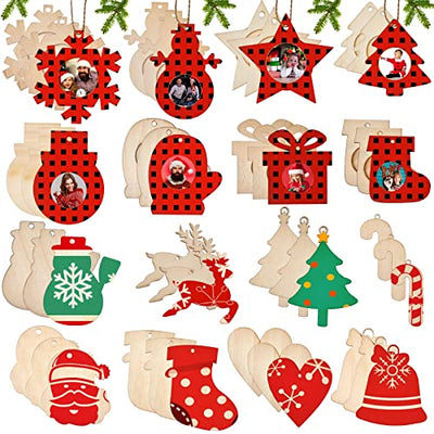 48 Pcs Christmas Wooden Photo Frames and Wooden Ornaments Unfinished Wooden Slices Frames with Hole Rope for Christmas Hanging Decorations Craft and