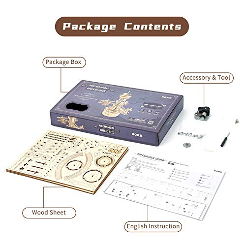 ROKR Airplane Control Tower 3D Wooden Puzzle Music Box - DIY Mechanical Model Kit for Adults and Kids ROKR