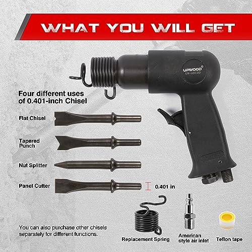 UW-AH150 Short Barrel Air Hammer Kit with Quick Change Retainer and 4 Chisels, 1-5/8 Inch Stroke, 4500 BPM, Light weight UPWOOD