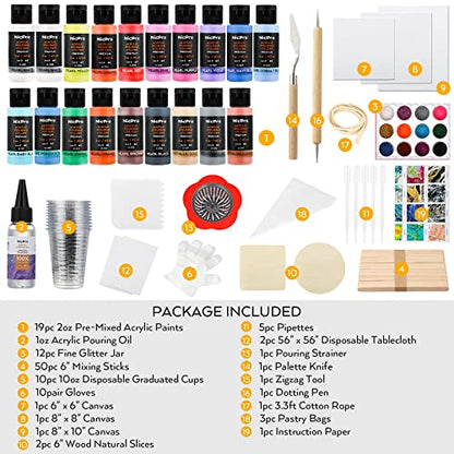 Nicpro 123 Pack Metallic Acrylic Pouring Paint Set, 19 Colors (2oz / 60ml bottle) Ready to Pour Acrylic Paint Supplies & Pre-Mix High Flow for Canvas - WoodArtSupply