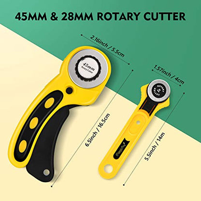 Magicfly Rotary Cutter Set, 45mm and 28mm Fabric Cutters Kit with Extra 10 Blades, A3 Double-Sided Self Healing Cutting Mat, 12x6 Inch Quilting Ruler - WoodArtSupply