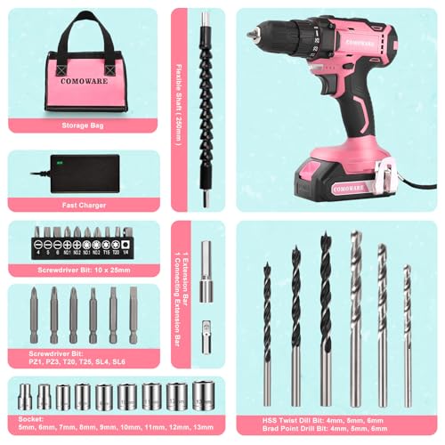 COMOWARE Cordless Drill Set, 20V Power Drill, Pink Drill Set for Women, 1 Battery & Charger, 3/8" Keyless Chuck, 2 Variable Speed, 266 In-lb Torque, COMOWARE