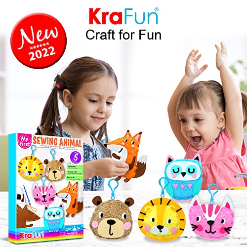 KRAFUN My First Sewing Animal for Kids, Beginner Art & Craft, 5 Easy Activities Stuffed Animal Dolls, Keyring Charms, Instructions & Felt Materials - WoodArtSupply