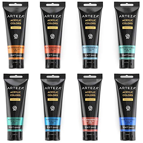 Arteza Metallic Acrylic Paint, Set of 8 Classic Elements Colors 4.06oz Tubes, Rich Pigments, Non Fading, Non Toxic Paints for Artists & Hobby ARTEZA