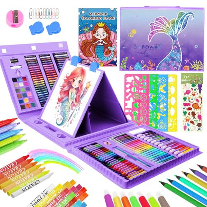 homicozy Art Supplies for Kids Ages 4-12,Mermaid Drawing Sets Art Case,Coloring Kits with Double Sided Trifold Easel,Crayon,Colored