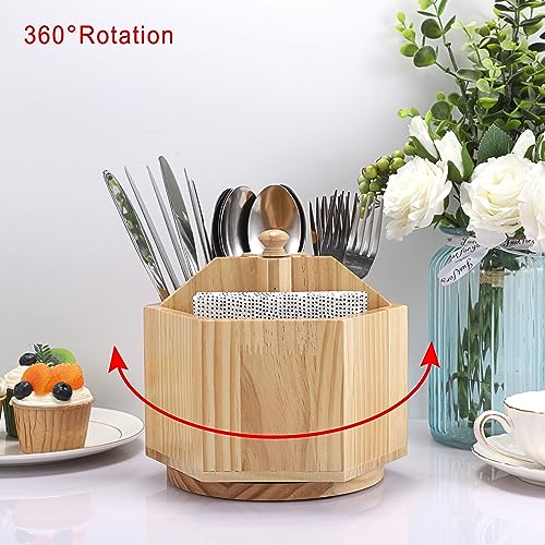 Sumnacon Wood Utensil Caddy, 360° Rotatable Silverware Caddy for Kitchen, Durable Silverware Holder with Removable Divider for Spoons, Forks, Knives,