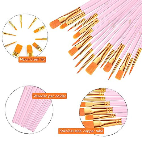 AROIC Acrylic Paint Brushes, 6 Packs/60 pcs Nylon Hair Paint Brush Set for All Purpose Oil Watercolor Painting Artist Professional Kits (Pink) AROIC