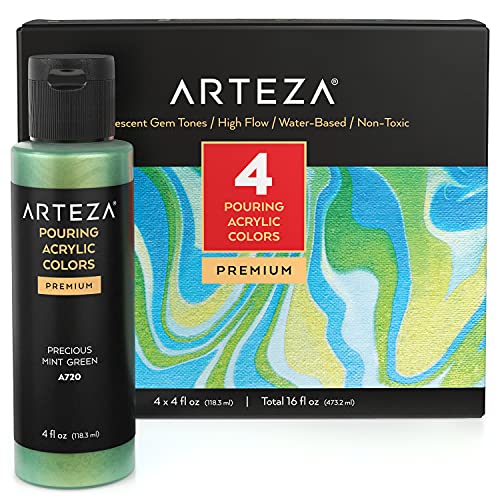 ARTEZA Iridescent Acrylic Paint, Set of 4, Gem Tones, 4 fl oz Bottles, High-Flow Pouring Paint, Art Supplies for Canvas, Glass, Wood, Ceramics, Tile, ARTEZA