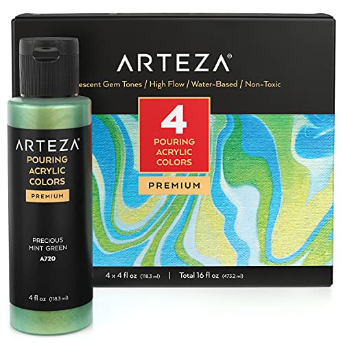 ARTEZA Iridescent Acrylic Paint, Set of 4, Gem Tones, 4 fl oz Bottles, High-Flow Pouring Paint, Art Supplies for Canvas, Glass, Wood, Ceramics, Tile, - WoodArtSupply