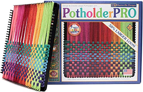 Friendly Loom 10" PRO Size Black Potholder Metal Loom Kit with Bright Rainbow Color Cotton Loops to Make 2 Potholders, Weaving Crafts for Kids & Harrisville Designs