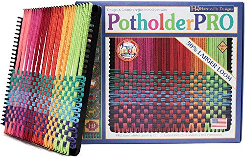 Friendly Loom 10" PRO Size Black Potholder Metal Loom Kit with Bright Rainbow Color Cotton Loops to Make 2 Potholders, Weaving Crafts for Kids &