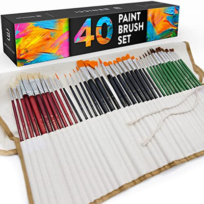 40 Pieces Professional Artist Paint Brush Set with Storage Case - Includes Round and Flat Art Brushes with Hog, Pony, Nylon Hair Bristles - Perfect - WoodArtSupply