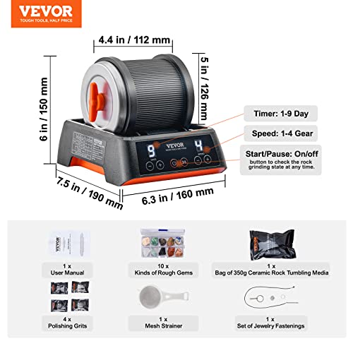 VEVOR Direct Drive Rock Tumbler Kit, 4-Speed/9-Day Timer, Professional Rock Polisher with Rough Gemstones/Grits/Jewelry Fastenings, Stone Polishing VEVOR
