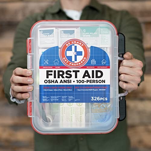 Be Smart Get Prepared First Aid Kit Hard Red Case 326 Pieces Exceeds OSHA and ANSI Guidelines 100 People - Office, Home, Car, School, Emergency, Be Smart Get Prepared