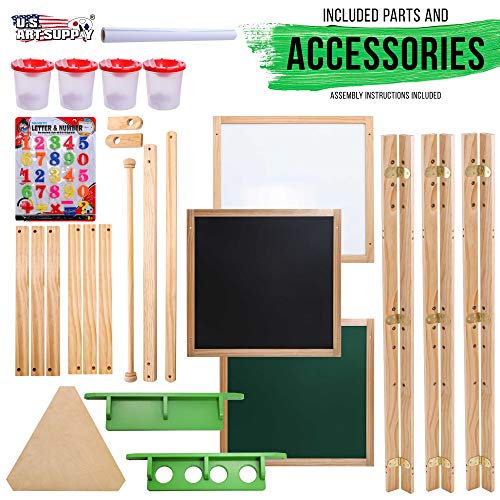 U.S. Art Supply Children's 3-Sided Art Activity Easel with Chalkboard, Large Paper Roll, Shelf & Plastic Paint Cups - WoodArtSupply