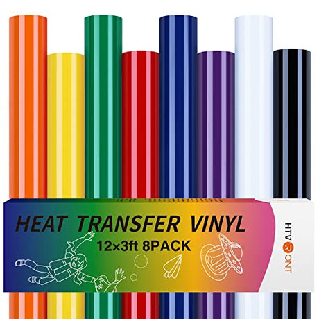 HTVRONT HTV Heat Transfer Vinyl Bundle - 8 Pack 12" x 3FT HTV Vinyl for T-Shirts, Iron on Vinyl with 8 Assorted Colors HTVRONT