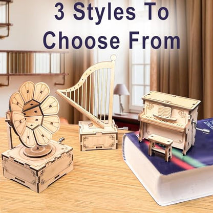 CYAZOO 3in1 3D Wooden Assembly Puzzle Hand Crank Music Box Set Wood Craft Kit-DIY Musical Instrument Model Toy-Home Decoration Best - WoodArtSupply