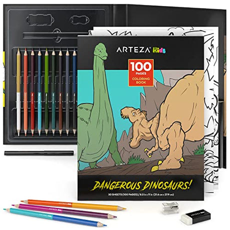 Arteza Kids Coloring Book and Pencils Set, 8.5 x 11 Inches, Dinosaur Illustrations, 50 Double-Sided Sheets, 100-lb Paper, 12 Double-Ended Colored Arteza Kids