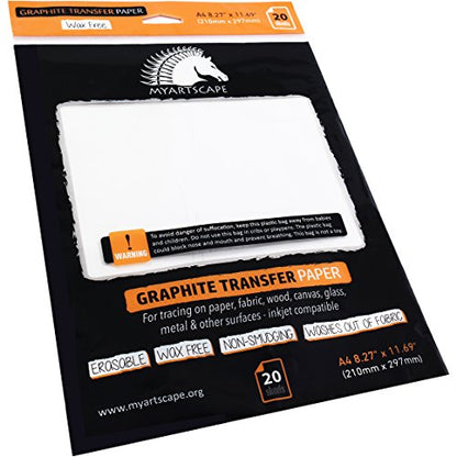 MyArtscape Graphite Transfer Paper, 20 White Sheets - Wax Free - Erasable - Smudge-Free - Ideal for Drawing and Tracing - Premium Arts and Crafts - WoodArtSupply