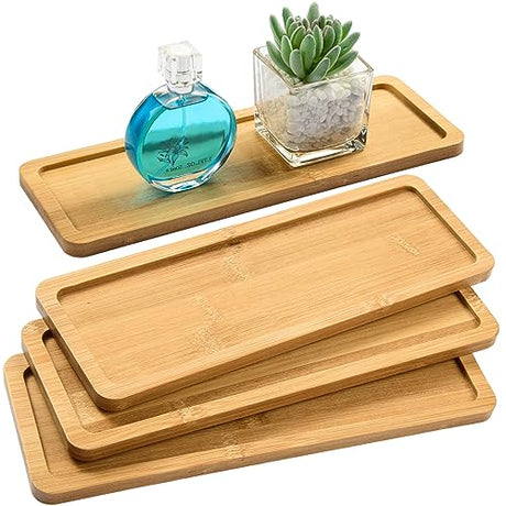 4 Pack Bamboo Serving Tray Rectangle Bamboo Wood Tea Serving Tray Rounded Edges Wooden Bathroom Counter Tray Bamboo Vanity Tray for Dresser Food AWIZOM