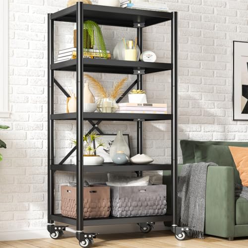 REIBII 5-Tier Heavy Duty Storage Shelves with Wheels - Adjustable Metal Shelving Unit for Garage and Pantry - WoodArtSupply