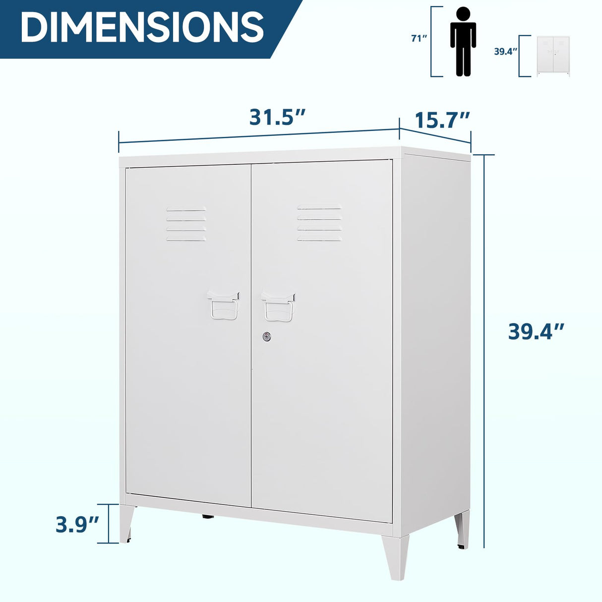 MIIIKO Metal Locker with 2 Doors, White Storage Sideboard Accent Cabinets for Kitchen, Pantry, Home Office and Bedroom MIIIKO