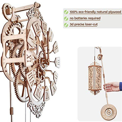 Wood Trick Pendulum Wall Clock Kit Wooden 3D Puzzles for Adults and Kids to Build - 3D Wall Clock Mechanical Model - 42x12 in - Engineering DIY