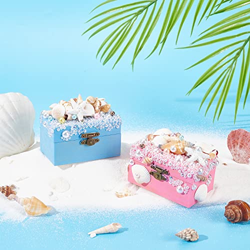 WEBEEDY 2 Sets Mermaid Jewelry Box Unfinished Wood Treasure Chest Mine Jewelry Box DIY Craft Kits with Hinged Lid and Front Clasp Nautical Trinket WEBEEDY