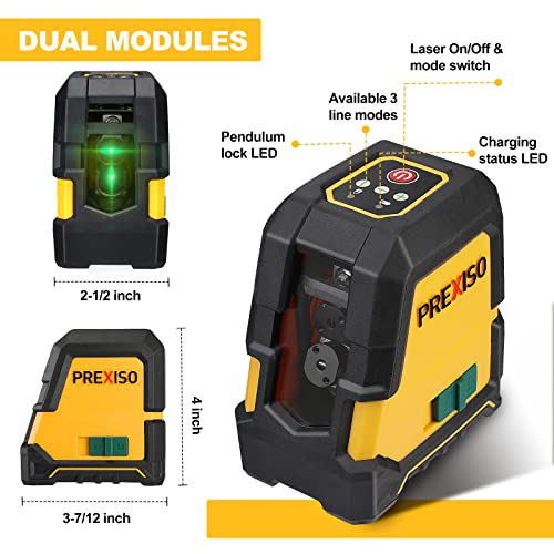 PREXISO Laser Level Self Leveling - 100Ft Rechargeable Cross Line Laser, Green Line leveler Tool for Construction, Floor Tile, Home Renovation with Prexiso