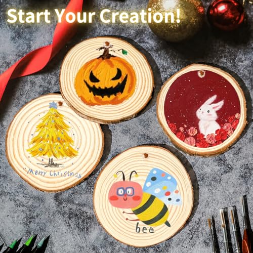 Coasters Wood Slices Burning Kit :Unfinished Natural Crafts with Bark 30 Pcs 2.4-2.8 inch Hemp Rope Suspension Hole Kids DIY Arts Christmas Ornament Rustic Wedding Decorations