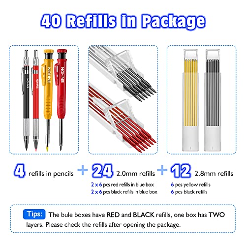 Enhon 4 Pcs Mechanical Carpenter Pencils with 40 Refills and Mental Marking Scribe Tools, Solid Deep Hole Woodworking Pencils Marker Marking Tools Enhon