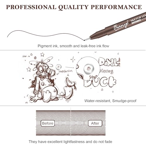 Bianyo Sepia Micro Pen Set, 12 Assorted Sizes Drawing Pens with Bonus Pouch Bag, Water-Resistant Archival and Pigment Ink Art Pens, Precision Drawing Bianyo