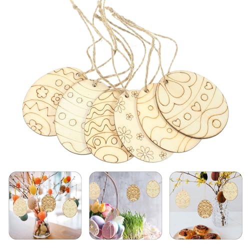 KALLORY Easter Egg Wooden Cutouts with Rope 60pcs Easter Egg Unfinished Wood Ornaments Egg Shaped Blank Wooden Slices for Easter Spring Hanging KALLORY