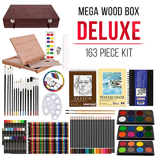 U.S. Art Supply 163-Piece Mega Deluxe Art Painting, Drawing Set in Wood Box, Desk Easel - Artist Painting Pad, 2 Sketch Pads, 24 Watercolor Paint U.S. Art Supply
